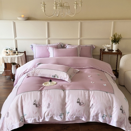 91家纺网 家纺一手货源 找家纺 （总）娇逸家居 2025新款60支兰精天丝数码印花立体绣花天丝四件套-蝶翎