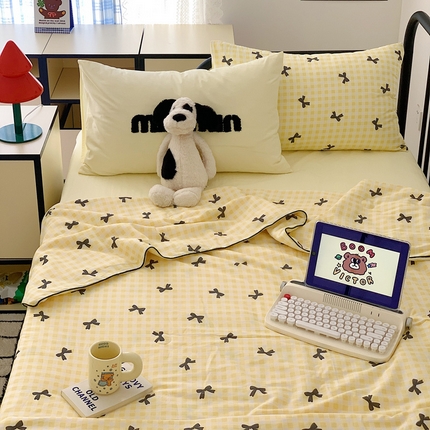 柠馨 2024新款蝴蝶结嵌绳款全棉水洗棉大豆纤维夏被 黄格蝴蝶结