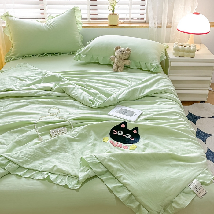 91家纺网 家纺一手货源 找家纺 宜家坊2024新款韩系花边ins风水洗棉夏被四件套 喵喵-水绿
