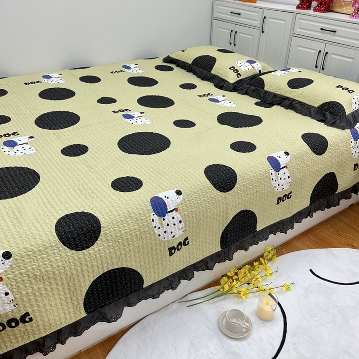 91家纺网 家纺一手货源 找家纺 暖居 2024新款支持定制纯棉榻榻米三件套单件被套农村大炕盖 波点狗绿