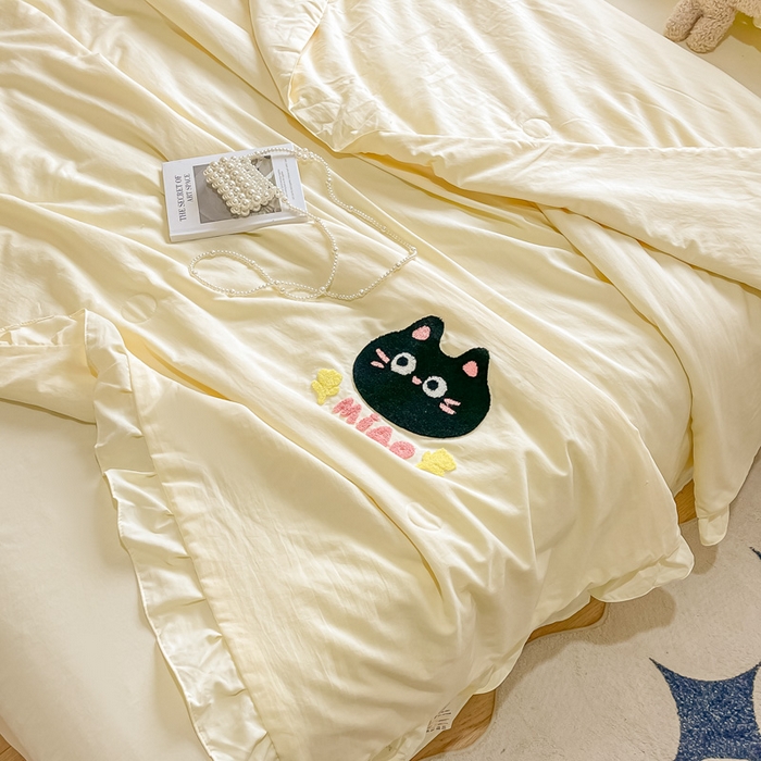 91家纺网 家纺一手货源 找家纺 宜家坊2024新款韩系花边ins风水洗棉夏被四件套 喵喵-米黄