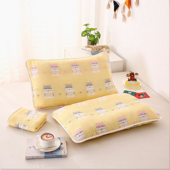 91家纺网 家纺一手货源 找家纺 朴尔家纺-毛巾被 2024新款全棉卡通六层纱布儿童枕套 土拨鼠黄