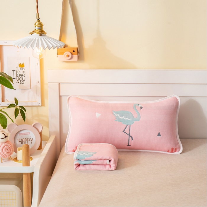 91家纺网 家纺一手货源 找家纺 朴尔2024全棉卡通六层纱布儿童枕套 辛福鸟粉-纱布枕套