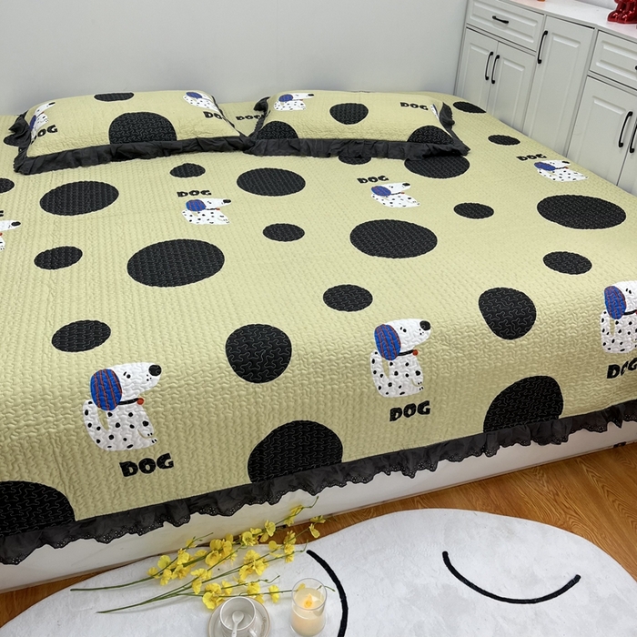 91家纺网 家纺一手货源 找家纺 暖居 2024新款支持定制纯棉榻榻米三件套单件被套农村大炕盖 波点狗绿