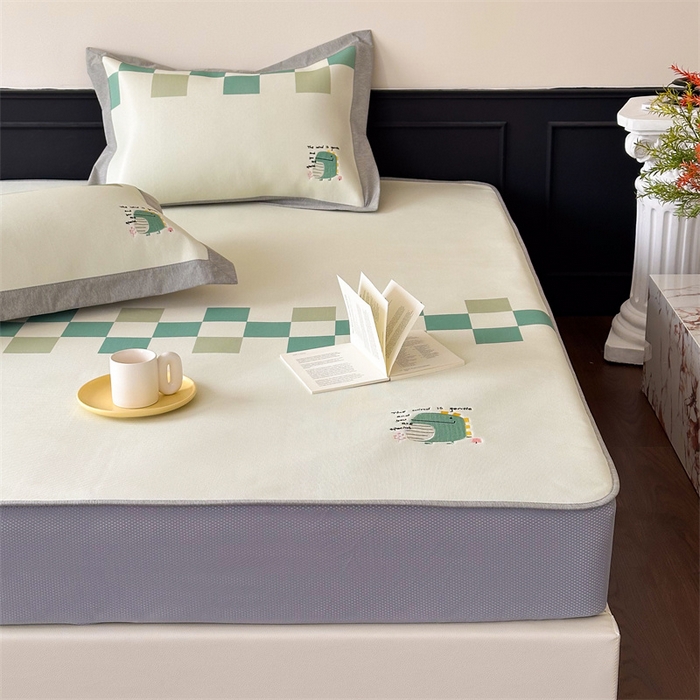 91家纺网 家纺一手货源 找家纺 甜梦 2024新款母婴级7A抗菌养生冰藤席影棚1—床笠款 格子恐龙（床笠款）