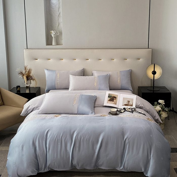 91家纺网 家纺一手货源 找家纺 澳梵 新款水洗真丝刺绣四件套【卢浮之夜】 卢浮之夜-浅灰蓝