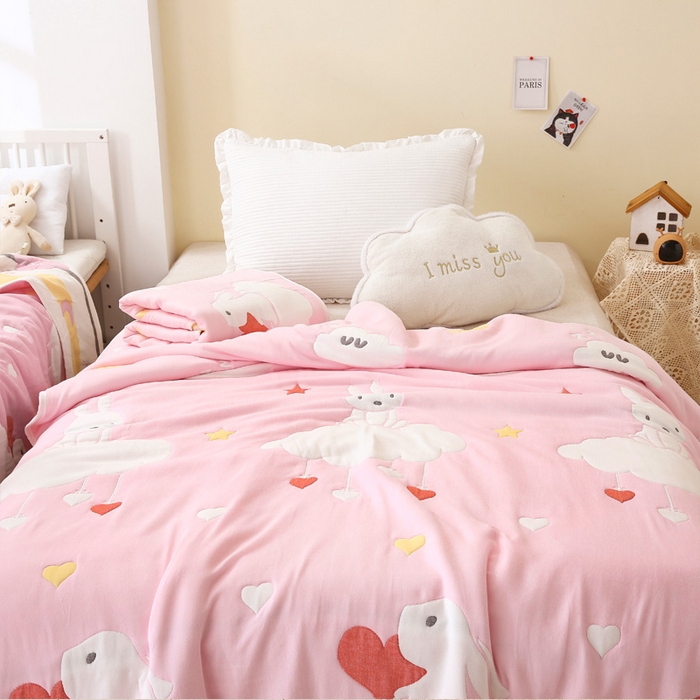 91家纺网 家纺一手货源 找家纺 朴尔家纺-毛巾被 2024年全棉十层纱布加厚儿童盖被毛巾被 云朵兔粉