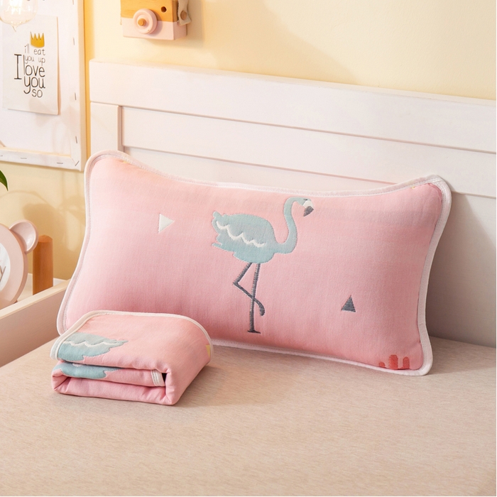 91家纺网 家纺一手货源 找家纺 朴尔2024全棉卡通六层纱布儿童枕套 辛福鸟粉-纱布枕套