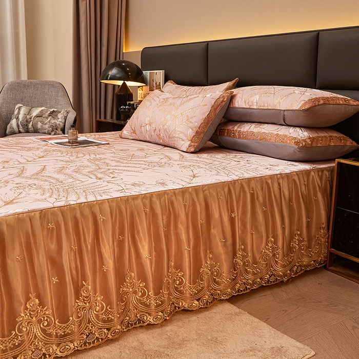 91家纺网 家纺一手货源 找家纺 罗艺轩 2024新款欧式色织大提花床裙凉席 春语