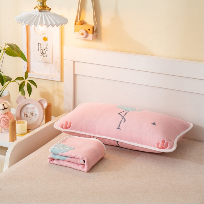 91家纺网 家纺一手货源 找家纺 朴尔2024全棉卡通六层纱布儿童枕套 辛福鸟粉-纱布枕套