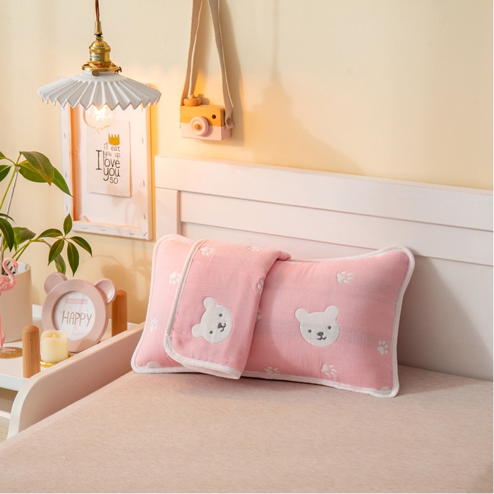 91家纺网 家纺一手货源 找家纺 朴尔2024全棉卡通六层纱布儿童枕套 甜蜜小熊粉-纱布枕套