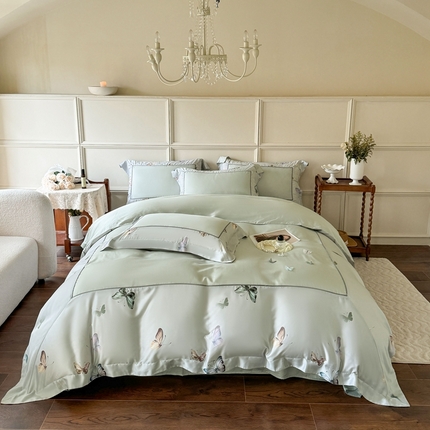 91家纺网 家纺一手货源 找家纺 （总）娇逸家居 2025新款60支兰精天丝数码印花立体绣花天丝四件套-蝶翎