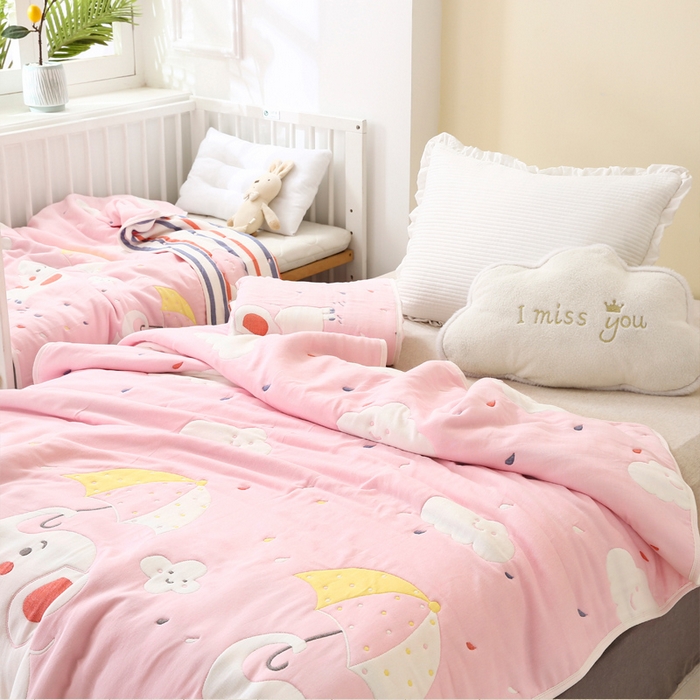 91家纺网 家纺一手货源 找家纺 朴尔家纺-毛巾被 2024年全棉十层纱布加厚儿童盖被毛巾被 打伞的小象粉