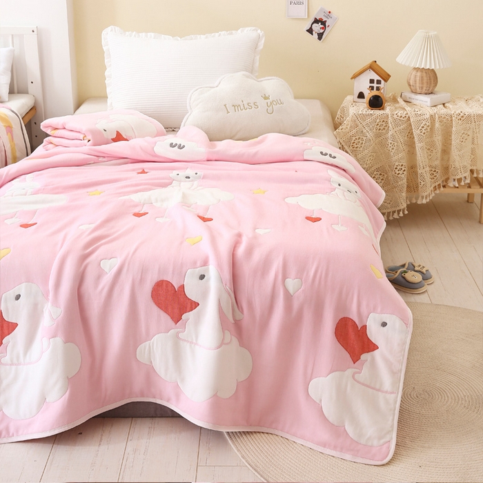 91家纺网 家纺一手货源 找家纺 朴尔家纺-毛巾被 2024年全棉十层纱布加厚儿童盖被毛巾被 云朵兔粉