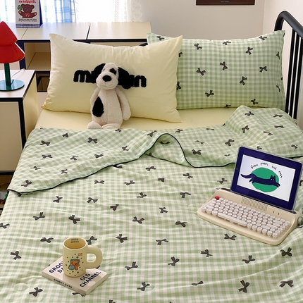 柠馨 2024新款蝴蝶结嵌绳款全棉水洗棉大豆纤维夏被 绿格蝴蝶结