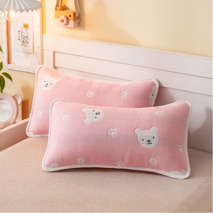 91家纺网 家纺一手货源 找家纺 朴尔2024全棉卡通六层纱布儿童枕套 甜蜜小熊粉-纱布枕套