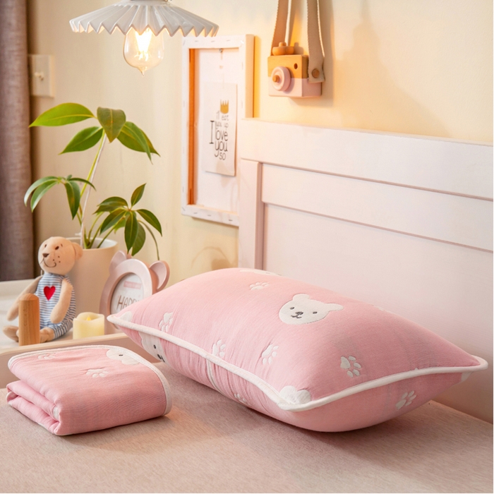 91家纺网 家纺一手货源 找家纺 朴尔2024全棉卡通六层纱布儿童枕套 甜蜜小熊粉-纱布枕套