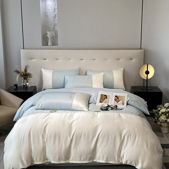 91家纺网 家纺一手货源 找家纺 澳梵 新款水洗真丝刺绣四件套【卢浮之夜】 卢浮之夜-蓝白