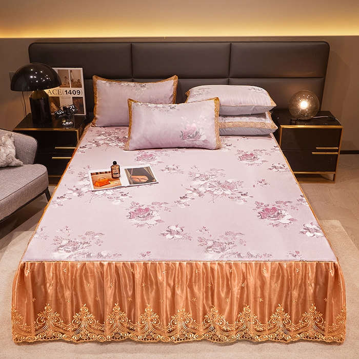 91家纺网 家纺一手货源 找家纺 罗艺轩 2024新款欧式色织大提花床裙凉席 紫萱