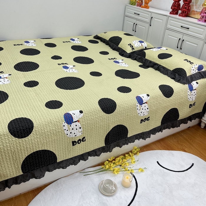 91家纺网 家纺一手货源 找家纺 暖居 2024新款支持定制纯棉榻榻米三件套单件被套农村大炕盖 波点狗绿