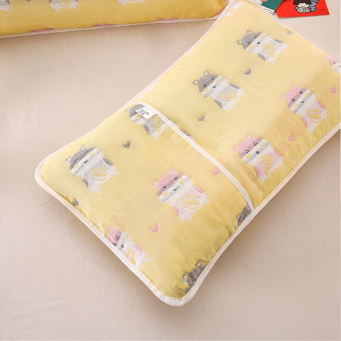 91家纺网 家纺一手货源 找家纺 朴尔家纺-毛巾被 2024新款全棉卡通六层纱布儿童枕套 土拨鼠黄
