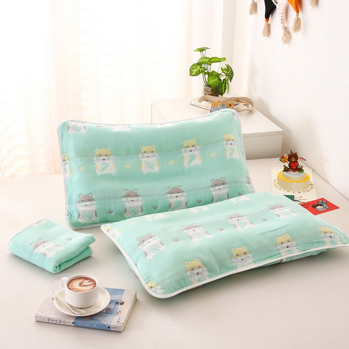 91家纺网 家纺一手货源 找家纺 朴尔家纺-毛巾被 2024新款全棉卡通六层纱布儿童枕套 土拨鼠绿