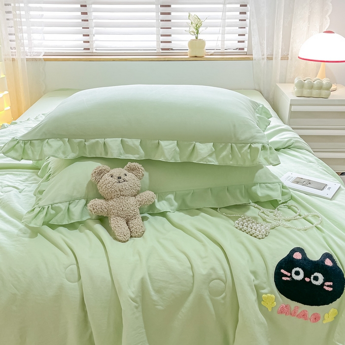 91家纺网 家纺一手货源 找家纺 宜家坊2024新款韩系花边ins风水洗棉夏被四件套 喵喵-水绿