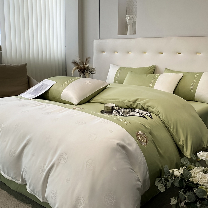 91家纺网 家纺一手货源 找家纺 澳梵 新款水洗真丝刺绣四件套【卢浮之夜】 卢浮之夜-白绿