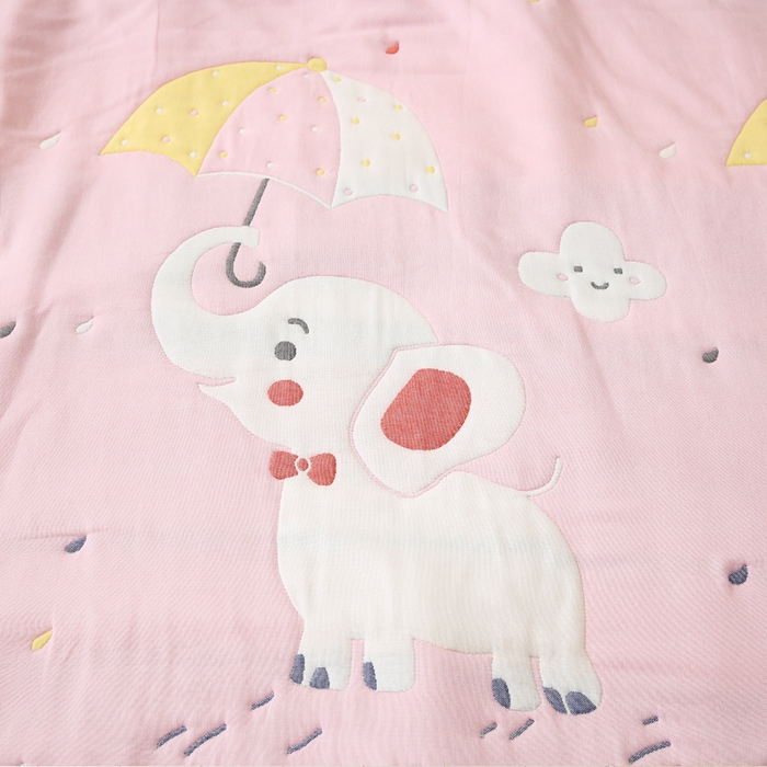 91家纺网 家纺一手货源 找家纺 朴尔家纺-毛巾被 2024年全棉十层纱布加厚儿童盖被毛巾被 打伞的小象粉