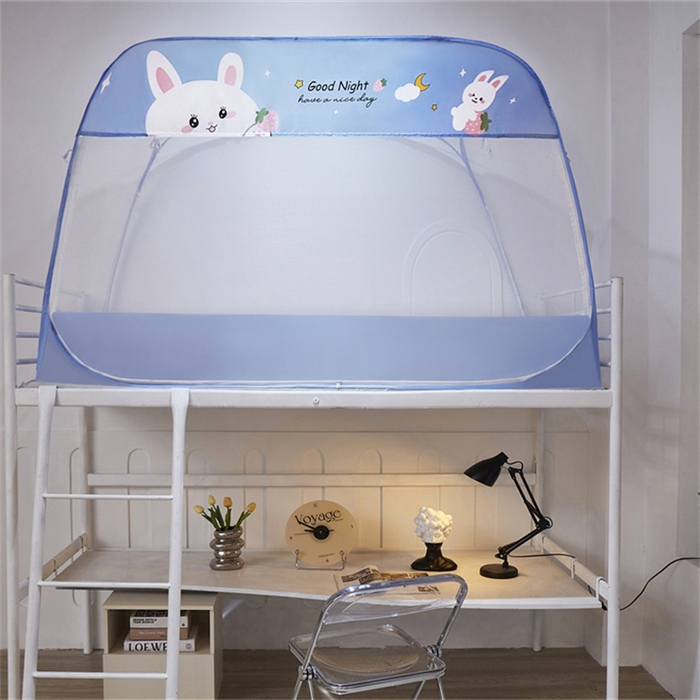 91家纺网 家纺一手货源 找家纺 凌云家纺 2025新款学生蚊帐免安装宿舍上下铺专用蒙古包蚊帐三开门 草莓兔兔-蓝