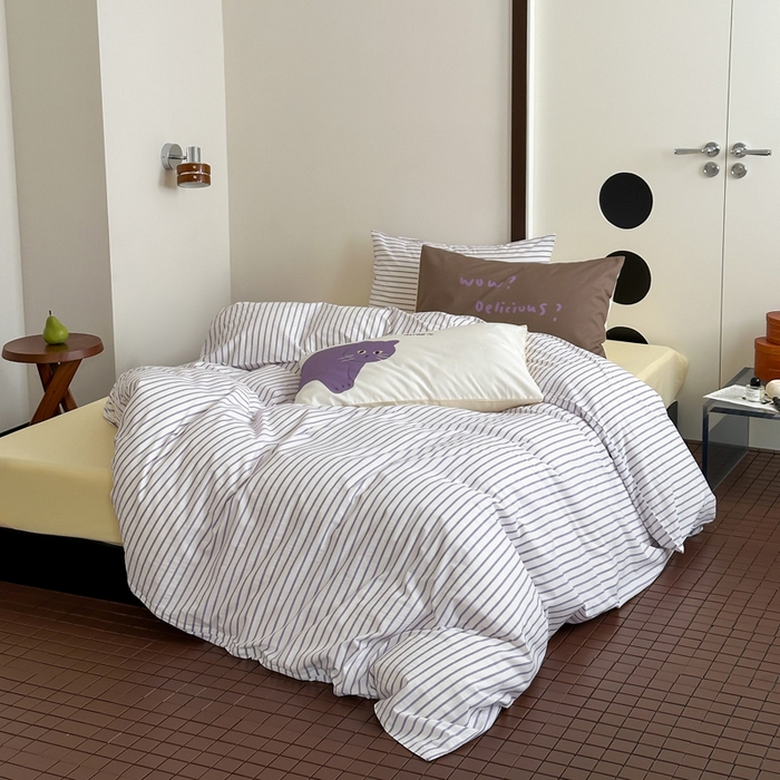 91家纺网 家纺一手货源 找家纺 （总）艾沁家纺  2024新款32支全棉色织水洗棉四件套-紫猫+肥梨