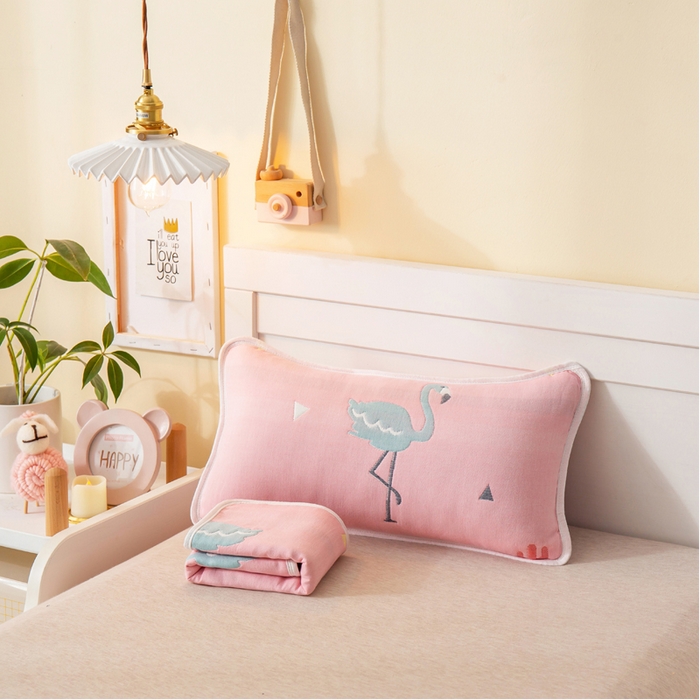 91家纺网 家纺一手货源 找家纺 朴尔2024全棉卡通六层纱布儿童枕套 辛福鸟粉-纱布枕套