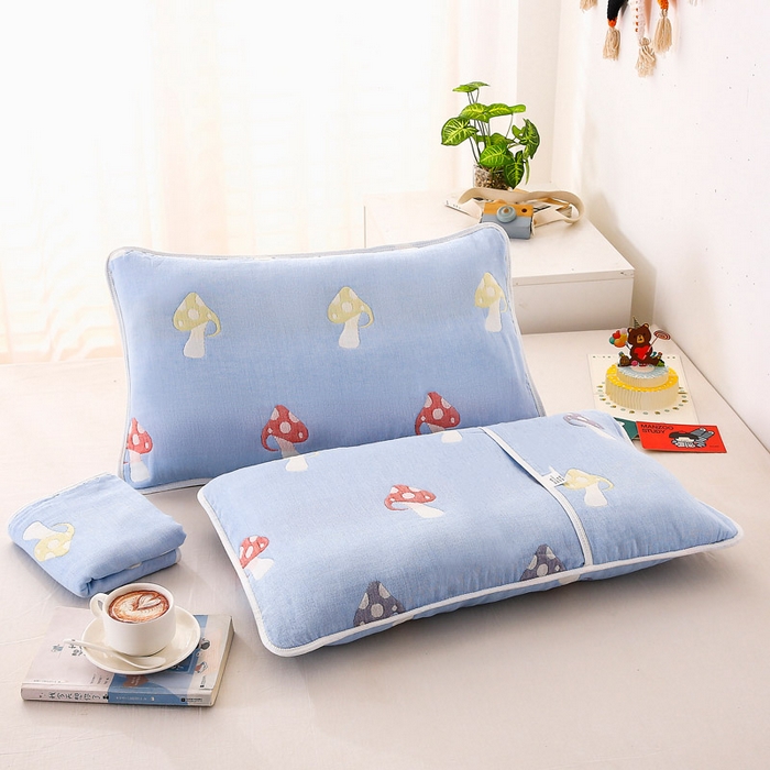 91家纺网 家纺一手货源 找家纺 朴尔家纺-毛巾被 2024新款全棉卡通六层纱布儿童枕套 五彩蘑菇兰