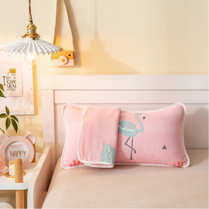91家纺网 家纺一手货源 找家纺 朴尔2024全棉卡通六层纱布儿童枕套 辛福鸟粉-纱布枕套