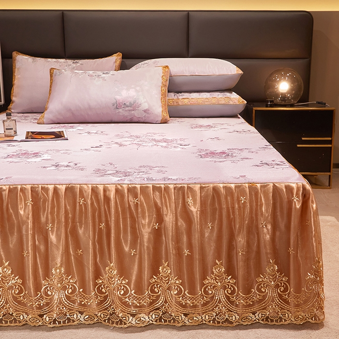 91家纺网 家纺一手货源 找家纺 罗艺轩 2024新款欧式色织大提花床裙凉席 紫萱