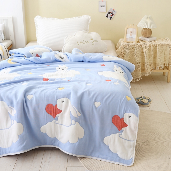 91家纺网 家纺一手货源 找家纺 朴尔家纺-毛巾被 2024年全棉十层纱布加厚儿童盖被毛巾被 云朵兔兰