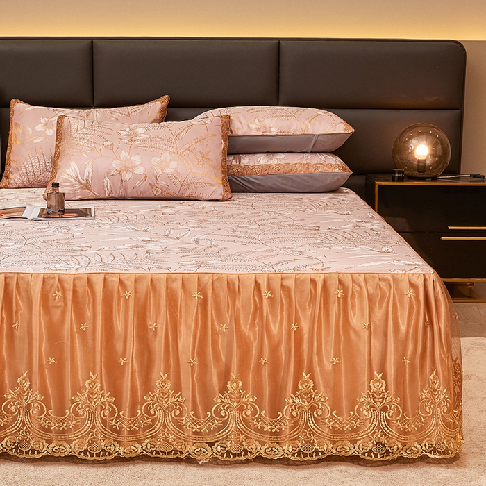 91家纺网 家纺一手货源 找家纺 罗艺轩 2024新款欧式色织大提花床裙凉席 春语