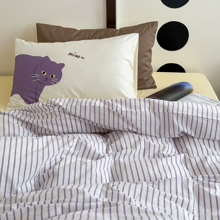 91家纺网 家纺一手货源 找家纺 （总）艾沁家纺  2024新款32支全棉色织水洗棉四件套-紫猫+肥梨