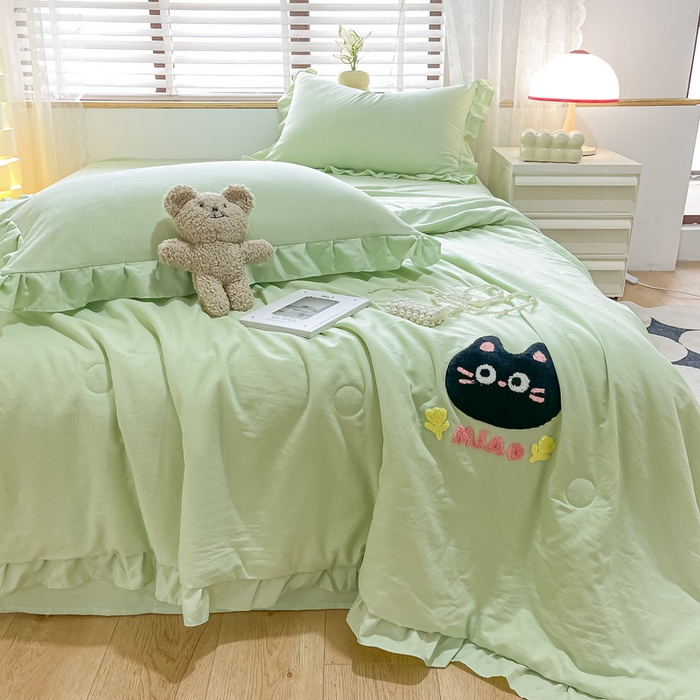 91家纺网 家纺一手货源 找家纺 宜家坊2024新款韩系花边ins风水洗棉夏被四件套 喵喵-水绿