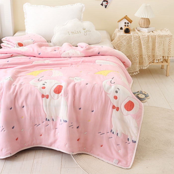 91家纺网 家纺一手货源 找家纺 朴尔家纺-毛巾被 2024年全棉十层纱布加厚儿童盖被毛巾被 打伞的小象粉