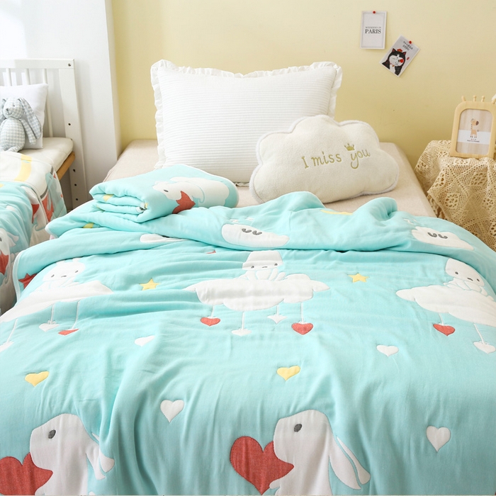 91家纺网 家纺一手货源 找家纺 朴尔家纺-毛巾被 2024年全棉十层纱布加厚儿童盖被毛巾被 云朵兔绿