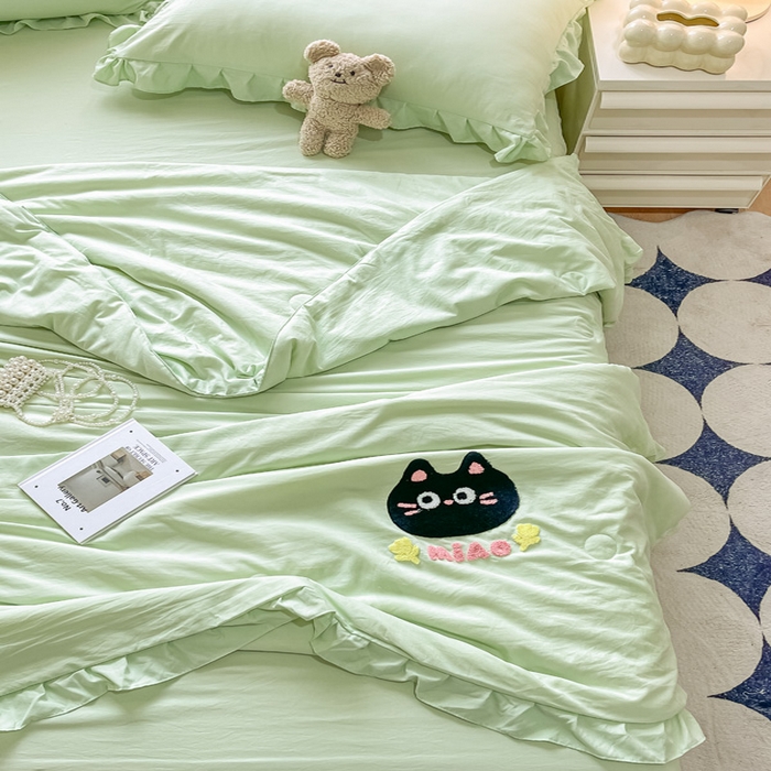 91家纺网 家纺一手货源 找家纺 宜家坊2024新款韩系花边ins风水洗棉夏被四件套 喵喵-水绿