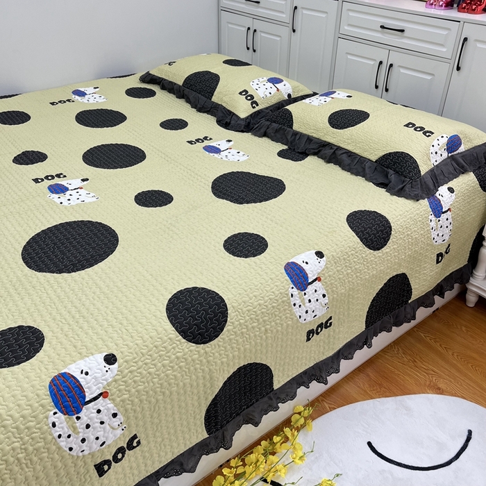 91家纺网 家纺一手货源 找家纺 暖居 2024新款支持定制纯棉榻榻米三件套单件被套农村大炕盖 波点狗绿