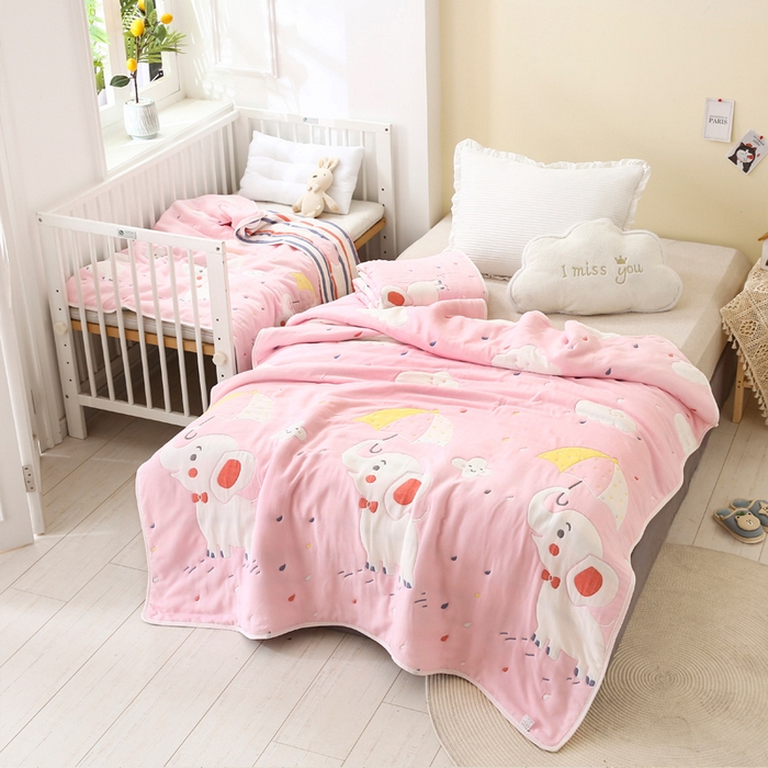 91家纺网 家纺一手货源 找家纺 朴尔家纺-毛巾被 2024年全棉十层纱布加厚儿童盖被毛巾被 打伞的小象粉