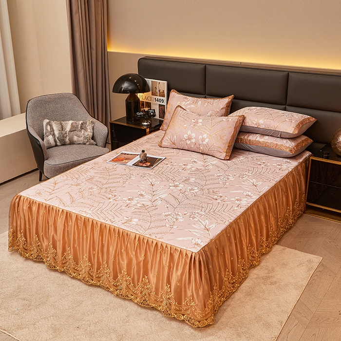 91家纺网 家纺一手货源 找家纺 罗艺轩 2024新款欧式色织大提花床裙凉席 春语