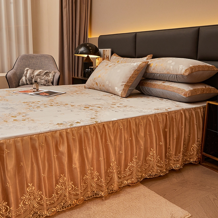 91家纺网 家纺一手货源 找家纺 罗艺轩 2024新款欧式色织大提花床裙凉席 银杏