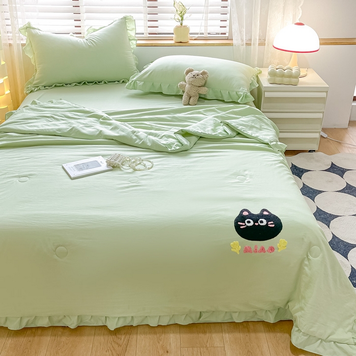 91家纺网 家纺一手货源 找家纺 宜家坊2024新款韩系花边ins风水洗棉夏被四件套 喵喵-水绿