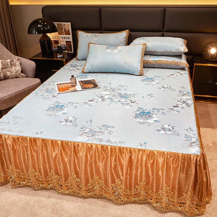 91家纺网 家纺一手货源 找家纺 罗艺轩 2024新款欧式色织大提花床裙凉席 情依