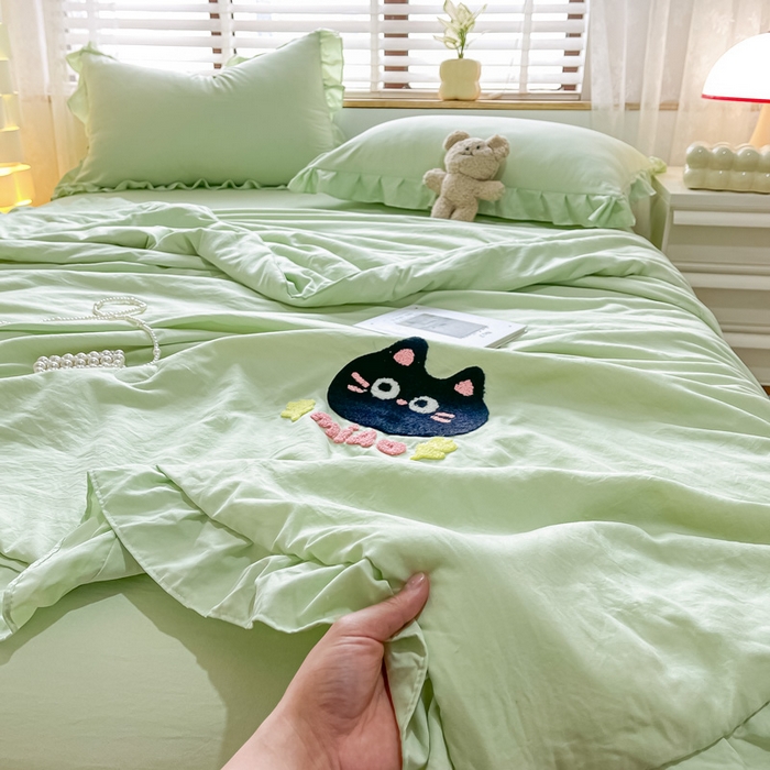 91家纺网 家纺一手货源 找家纺 宜家坊2024新款韩系花边ins风水洗棉夏被四件套 喵喵-水绿