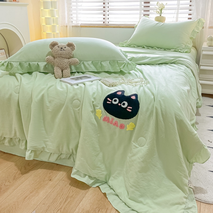 91家纺网 家纺一手货源 找家纺 宜家坊2024新款韩系花边ins风水洗棉夏被四件套 喵喵-水绿